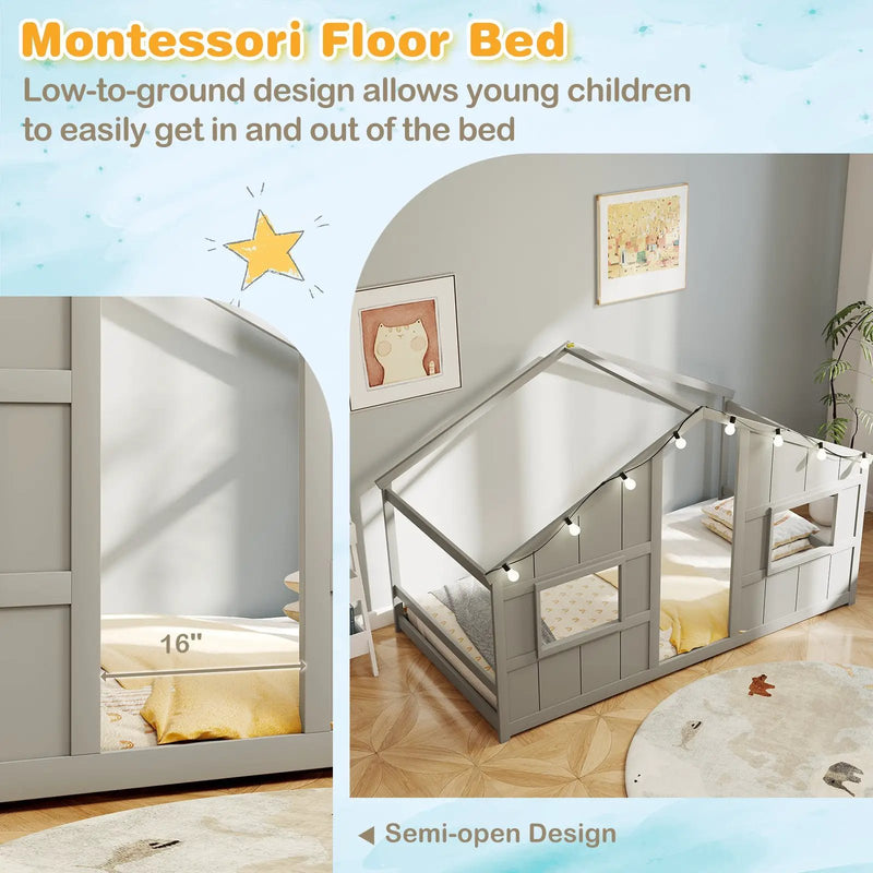 Twin Size House Bed with LED Lights Montessori Slat-free Floor Bed by DirectDeals
