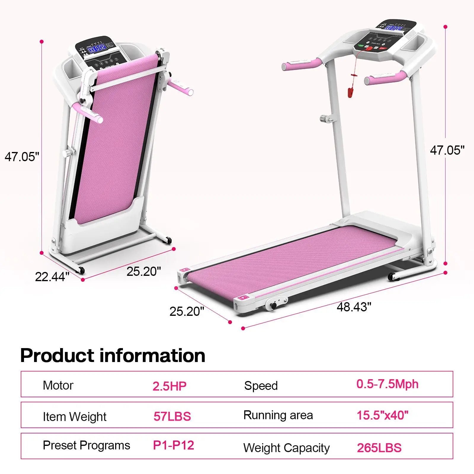Foldable Treadmill 2.5Hp Electric Folding Treadmill Running Walking Machine For Home Gym, Max 265 Lbs Weight Capacity - Pink / White by HouseOfZazla