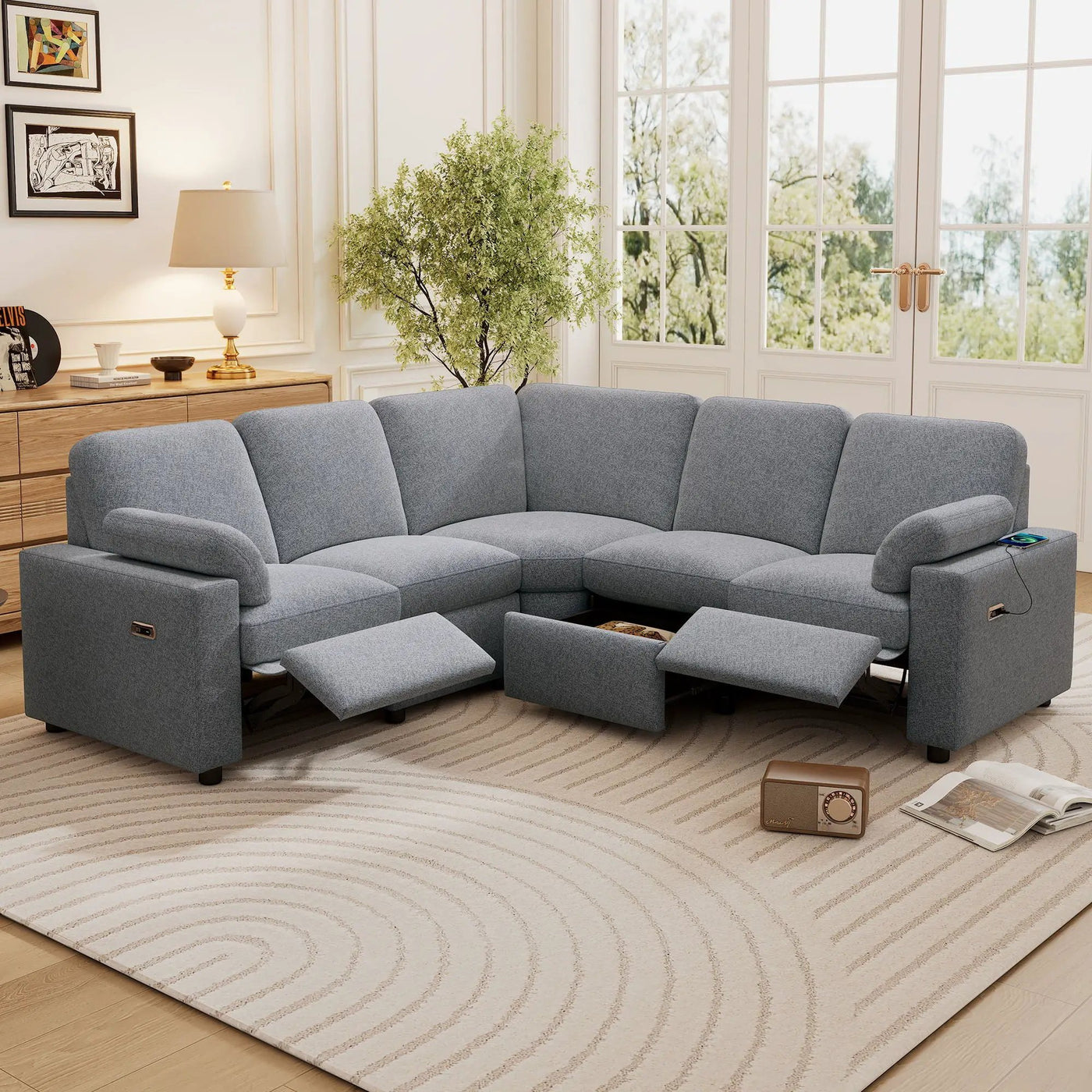 Power Recliner Sectional Sofa Home Theater Reclining Sofa With Two USB Ports, Two Storage Drawers For Living Room by HouseOfZazla
