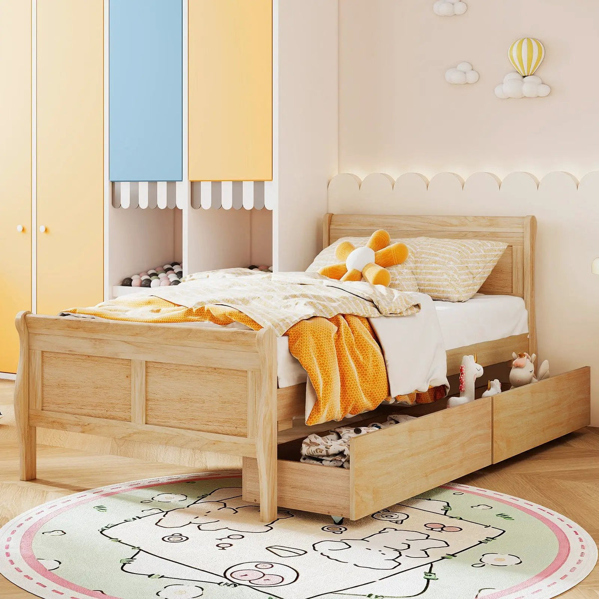 Twin Size Sleigh Bed with 2 Storage Drawers Wood Platform Bed Frame by DirectDeals