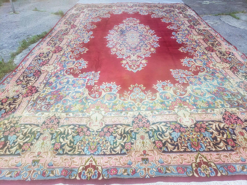 Antique Persian Kirman Rug 10x17 Oriental Carpet 10 x 17, Red, Multicolor, Namazian Signature Master Weaver, Shabby Chic, Semi Open Field by Jewel Rugs