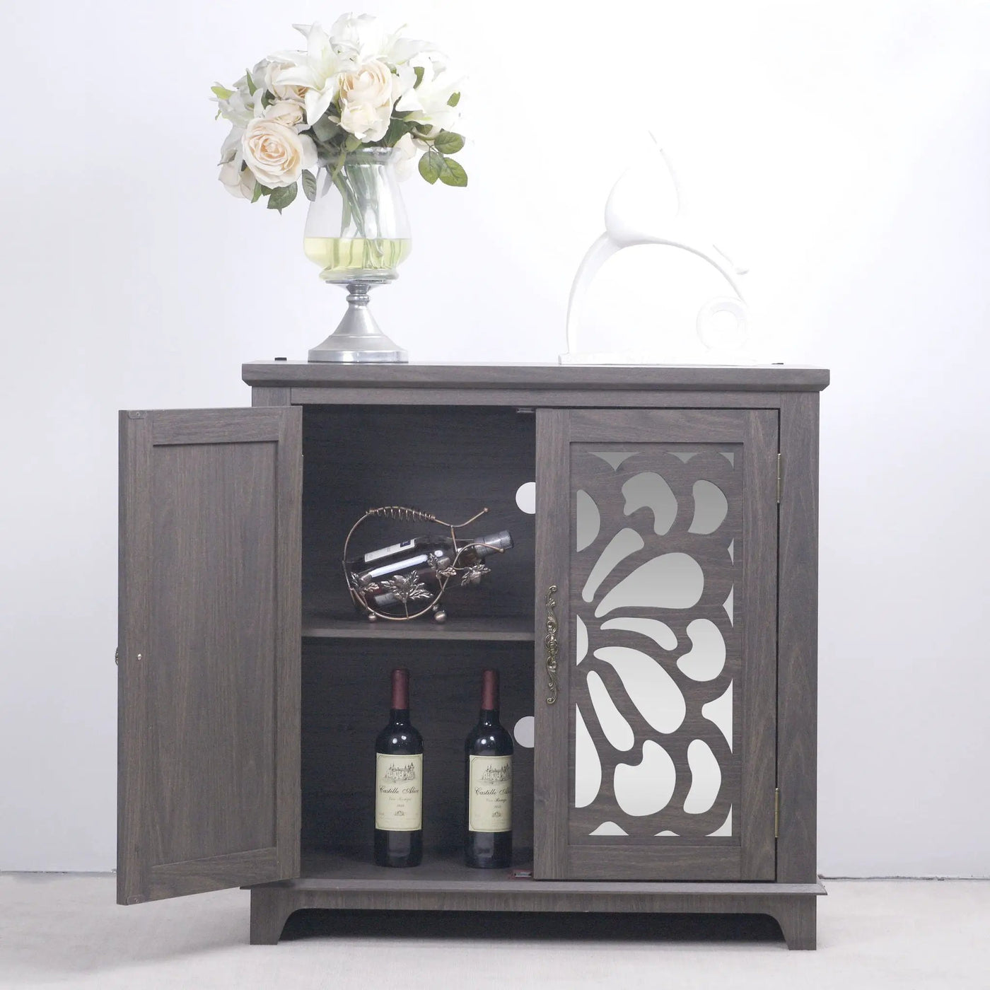 Elegant Sideboard With 2 Acrylic Mirrored Doors, Adjustable Shelf Storage by HouseOfZazla