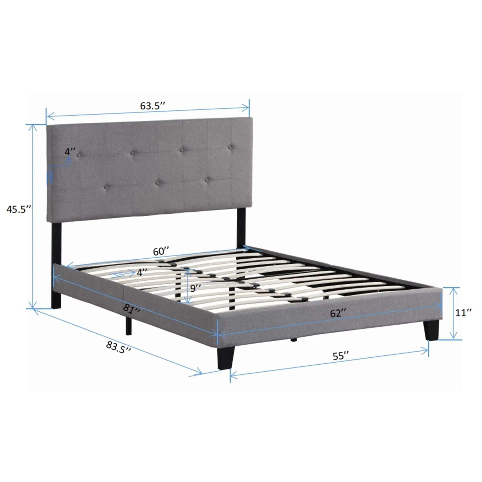 Queen Size Upholstered Platform Bed Frame With Button Tufted Linen Headboard, No Box Spring Needed, Wood Slat Support - Gray by HouseOfZazla