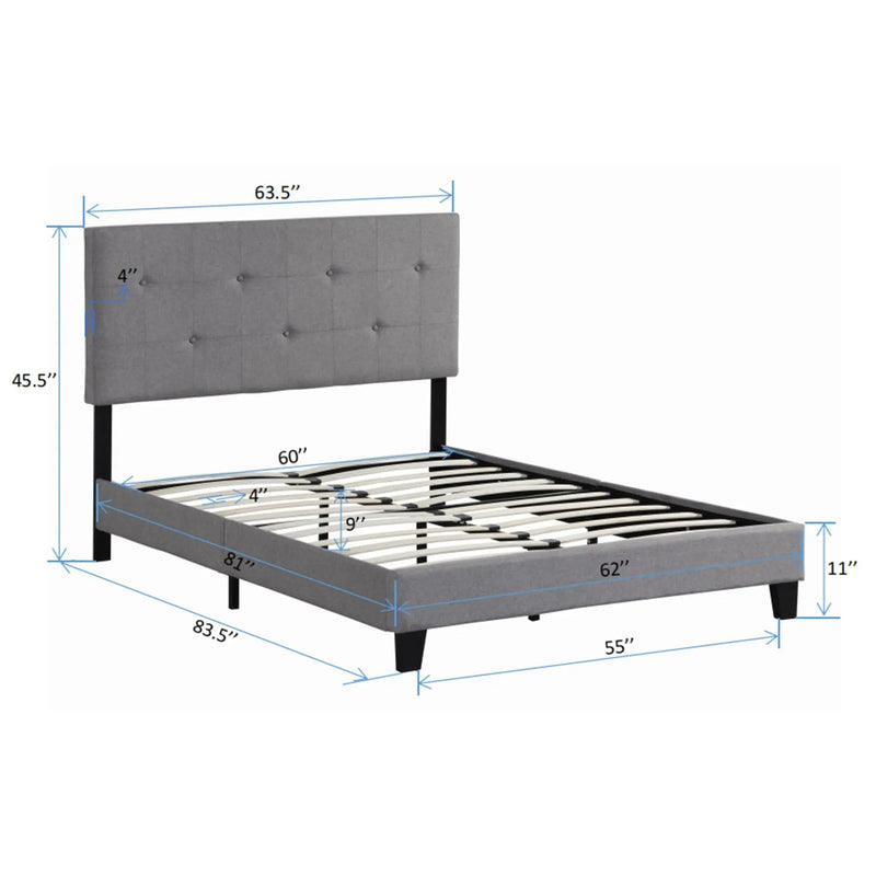 Queen Size Upholstered Platform Bed Frame With Button Tufted Linen Headboard, No Box Spring Needed, Wood Slat Support - Gray by HouseOfZazla