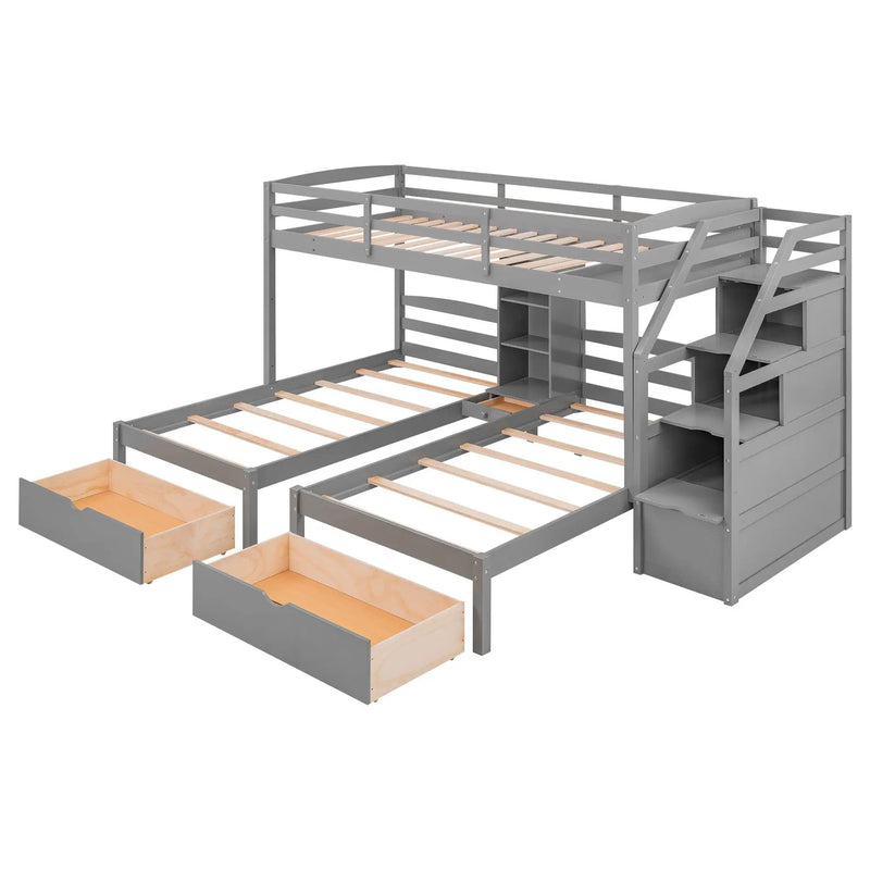 Twin Over Twin & Twin Bunk Bed With Drawers, Staircase Storage, Built In Shelves - Gray by HouseOfZazla