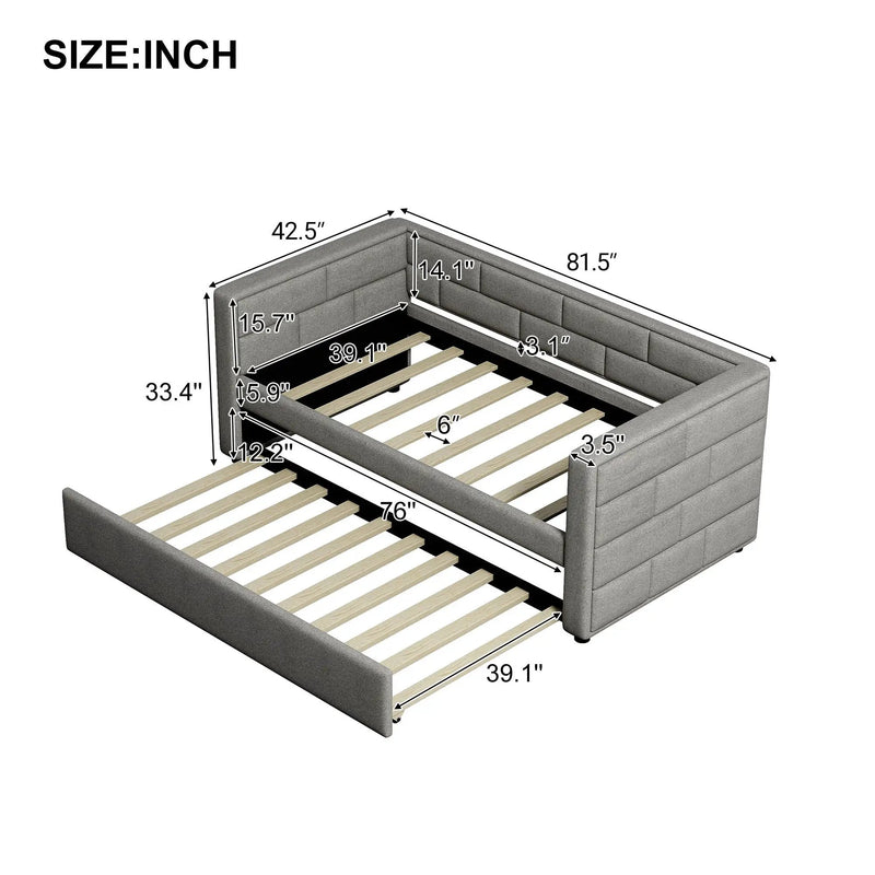 Upholstered Twin Size Daybed With Trundle, Padded Back And Sides - Gray by HouseOfZazla