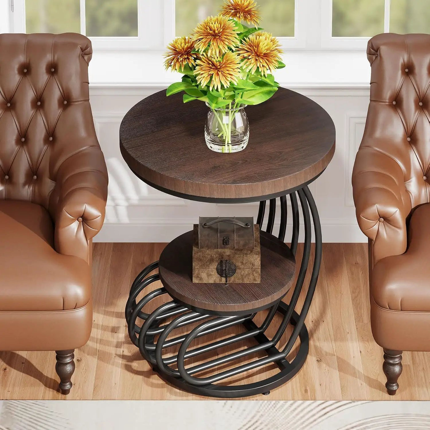 Round Vintage End Table With 2 Tier Storage by HouseOfZazla