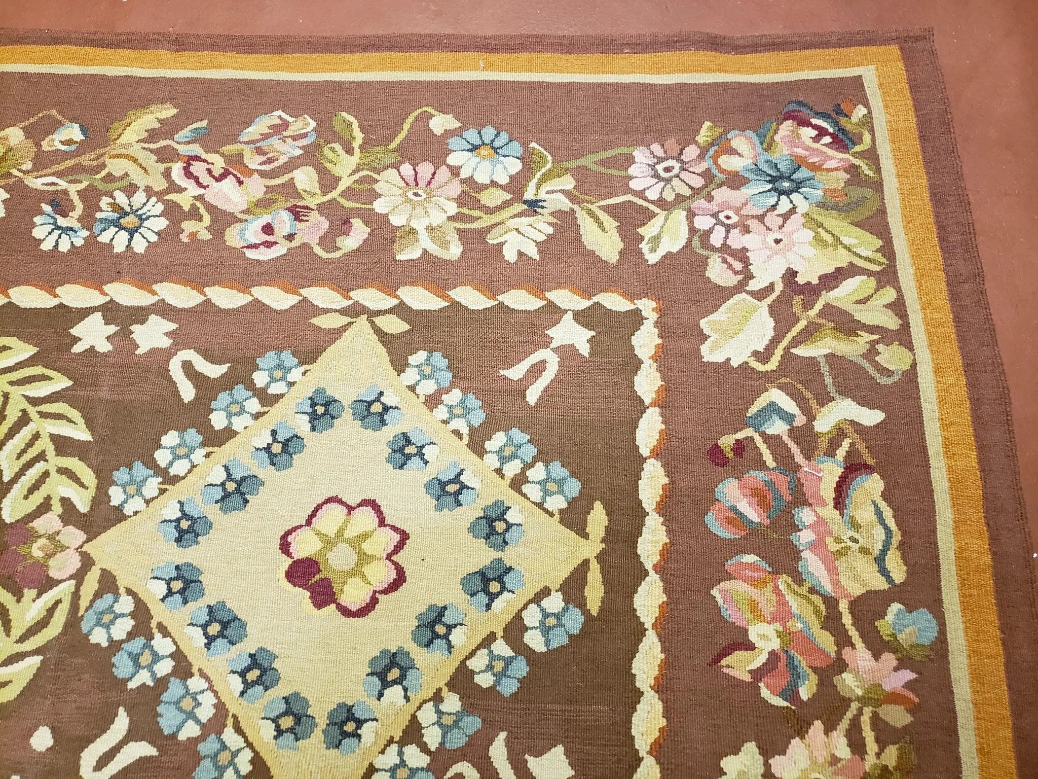 Aubusson Rug 6 x 9 Flat Weave Area Carpet European Design Flowers New Brown Rug Handmade Wool Hand-Knotted Aubusson Weave Medium Rug 6x9 by Jewel Rugs