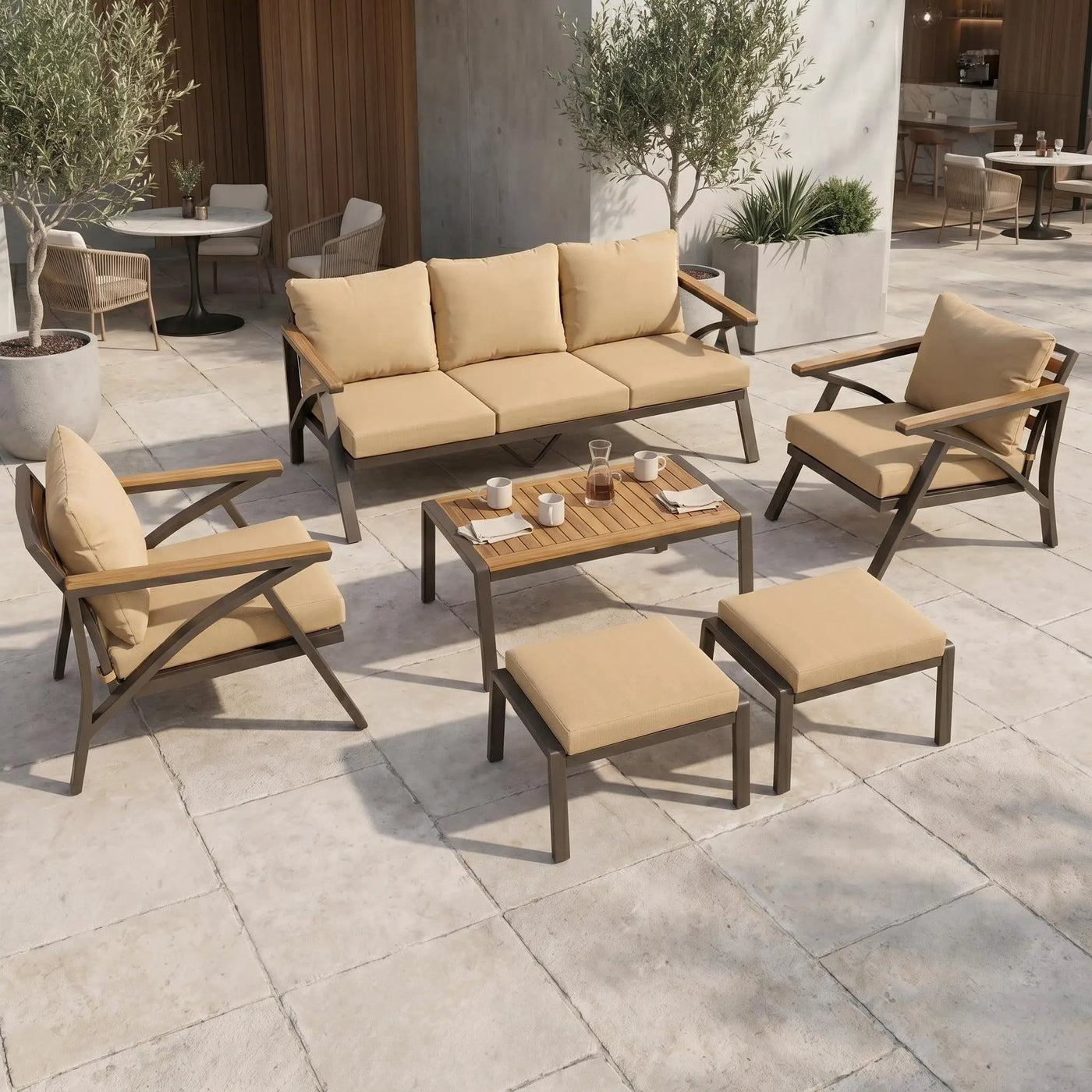 6-Piece Outdoor Patio Furniture Set with Steel Frame Sofa & Acacia Wood Table by HouseOfZazla