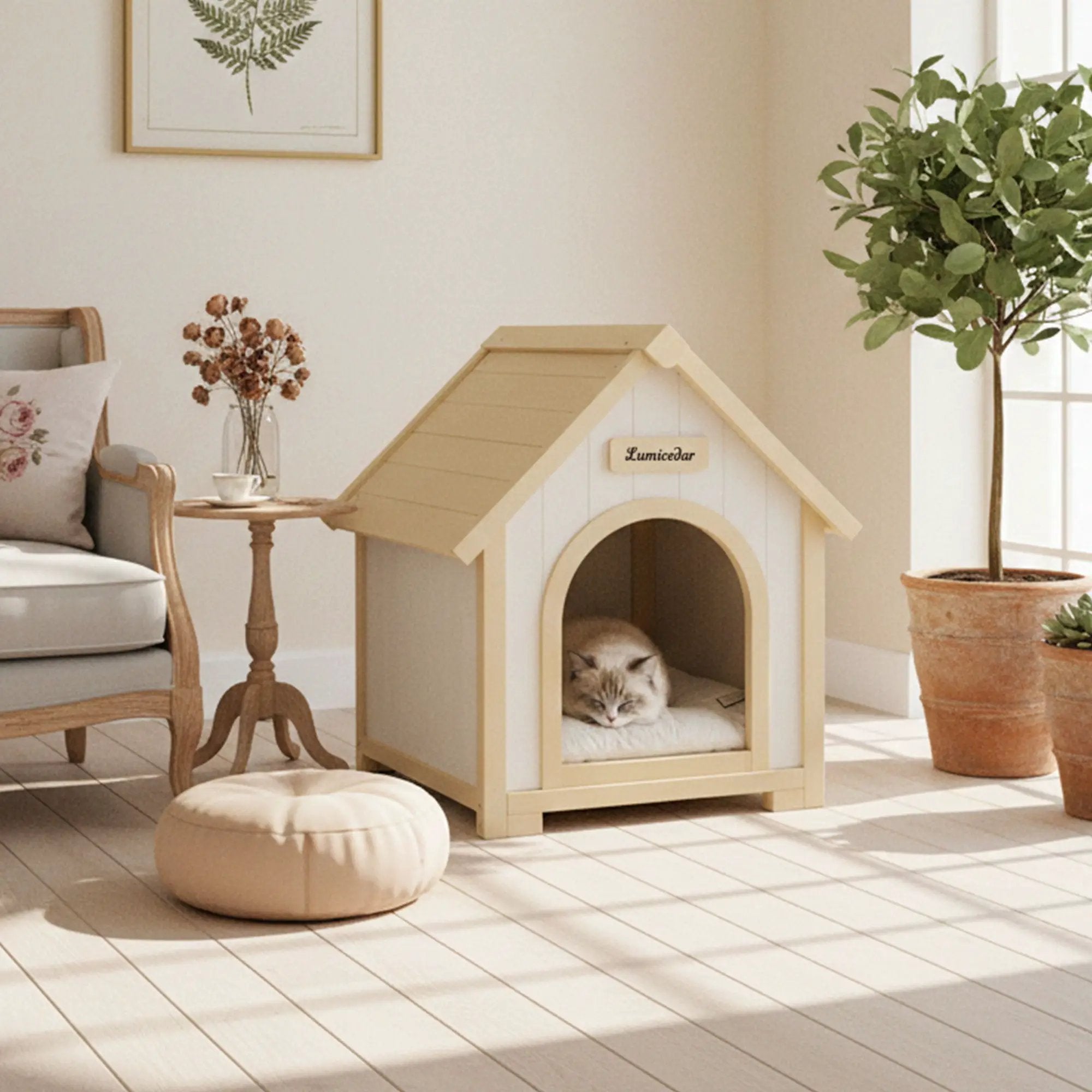 Indoor Dog House With Cushion Pet House For Small Dogs & Cats - Creamy White / Light Yellow by HouseOfZazla