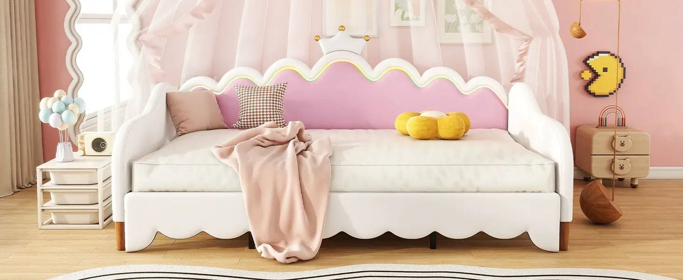 Extending Daybed With LED Lights, Modern Upholstered Princess Daybed With Crown Headboard by HouseOfZazla