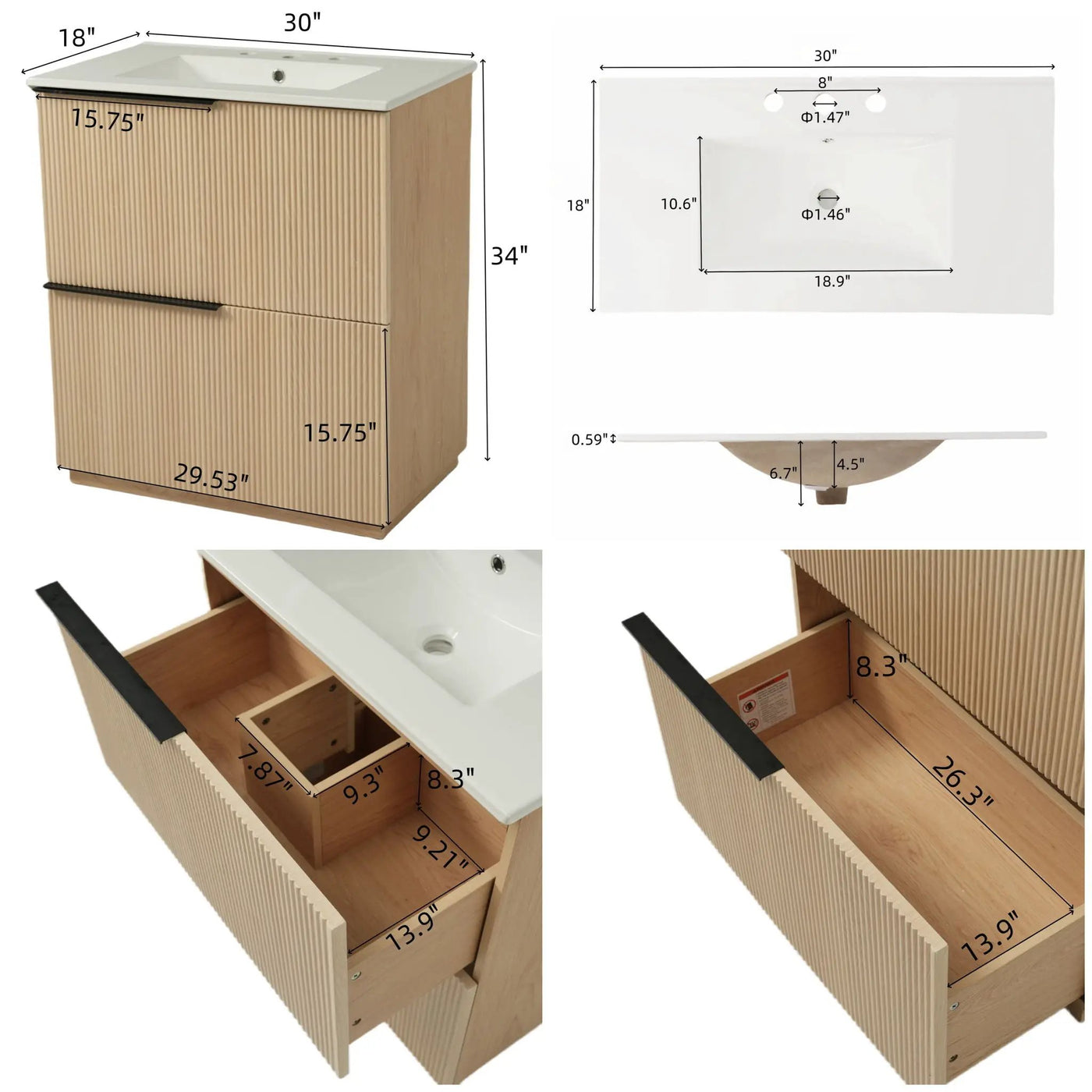 Fluted Bathroom Vanity With Ceramic Sink and Soft-Close Slides by HouseOfZazla