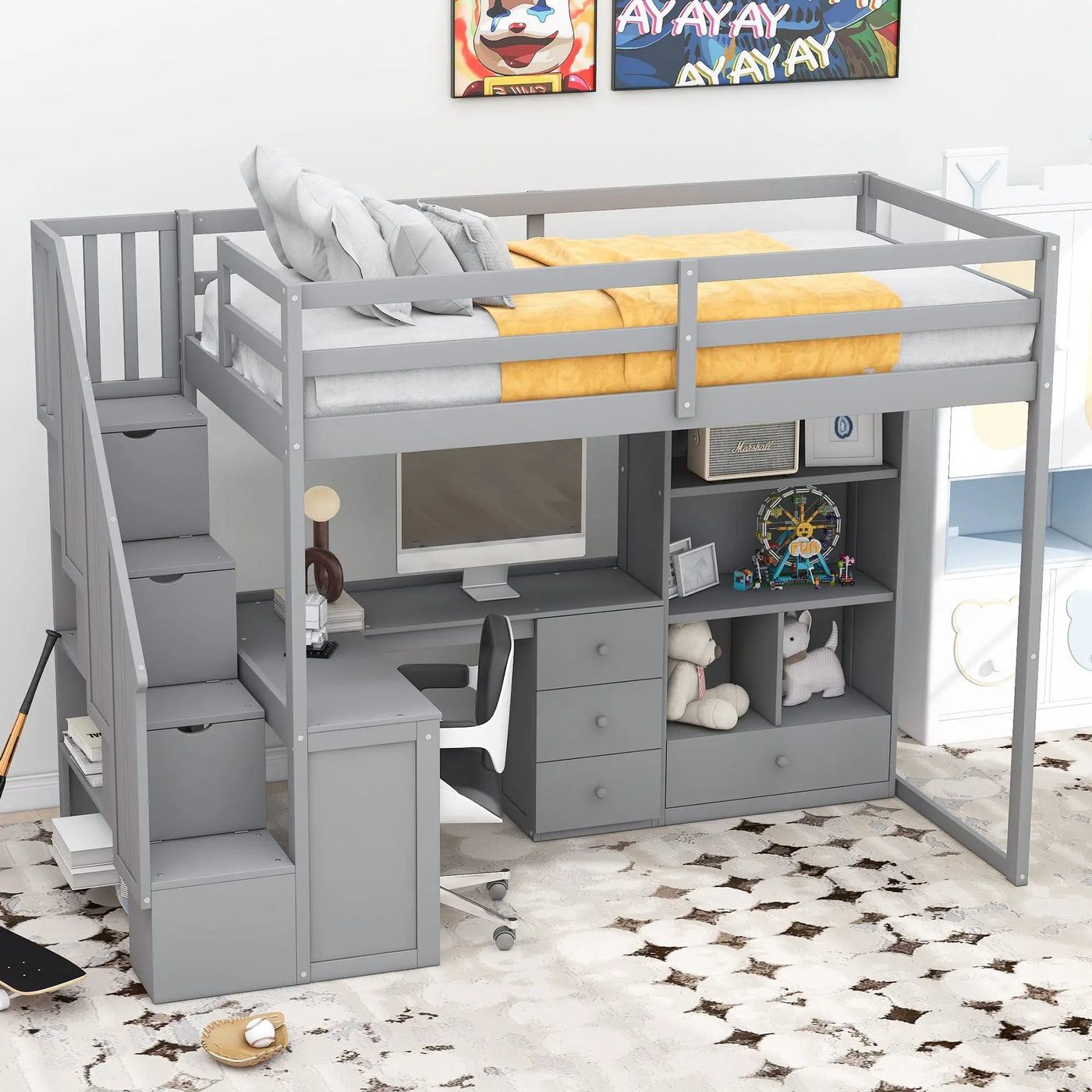 Loft Bed With L Shaped Desk, Drawers, Cabinet, And Storage Staircase by HouseOfZazla