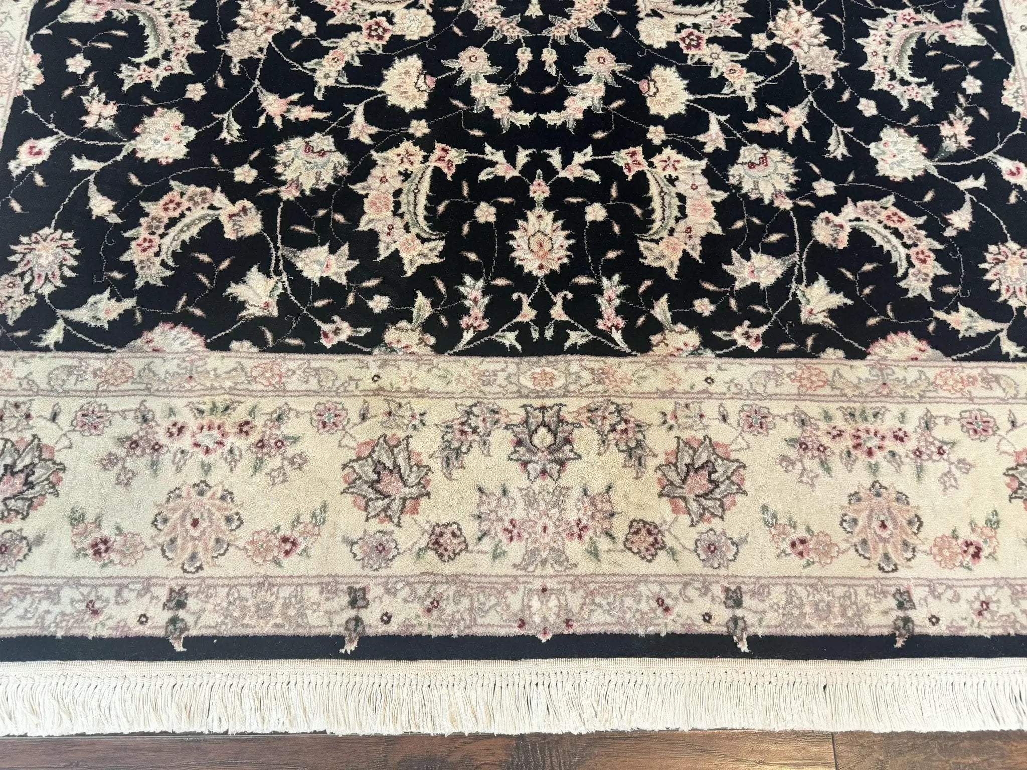 Sino Persian Rug 6x9, Black and Ivory, Wool and Silk Highlights, Handmade by Jewel Rugs