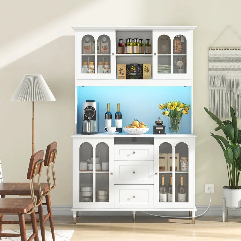 73 Inch Kitchen Pantry Storage Cabinet Freestanding Buffet Cabinet with LED Lights-White by DirectDeals