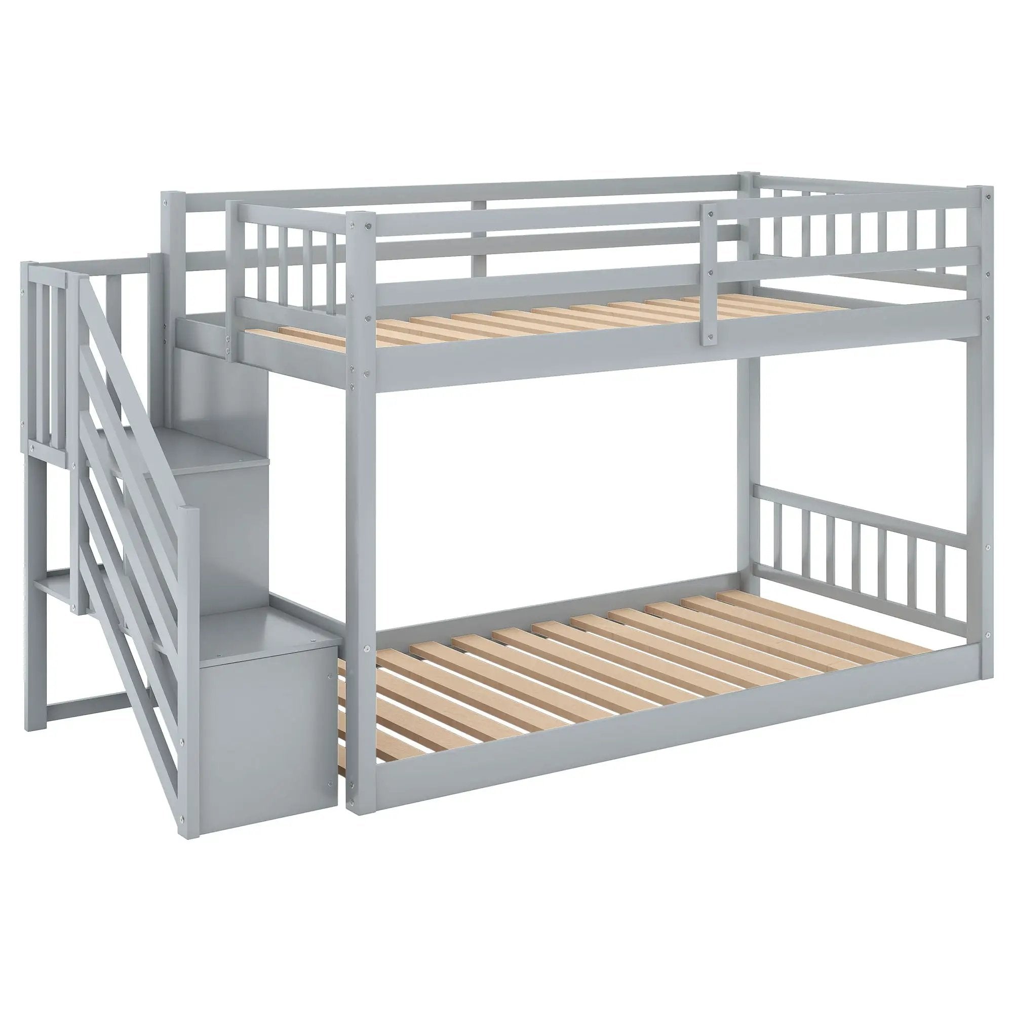 Twin Over Twin Floor Bunk Bed, Ladder With Storage by Unique Piece Furniture