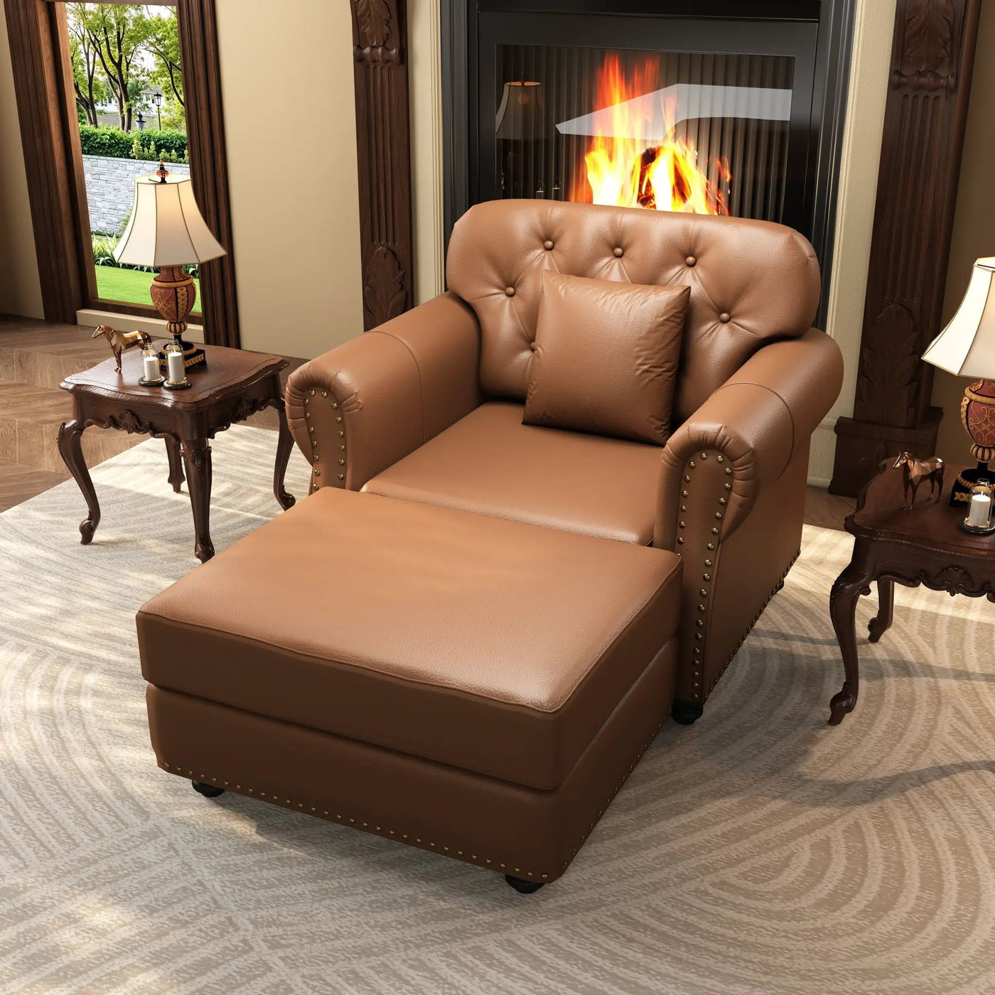 Upholstered Sofa With Nailhead Trim, Rolled Armrests With Ottoman by HouseOfZazla