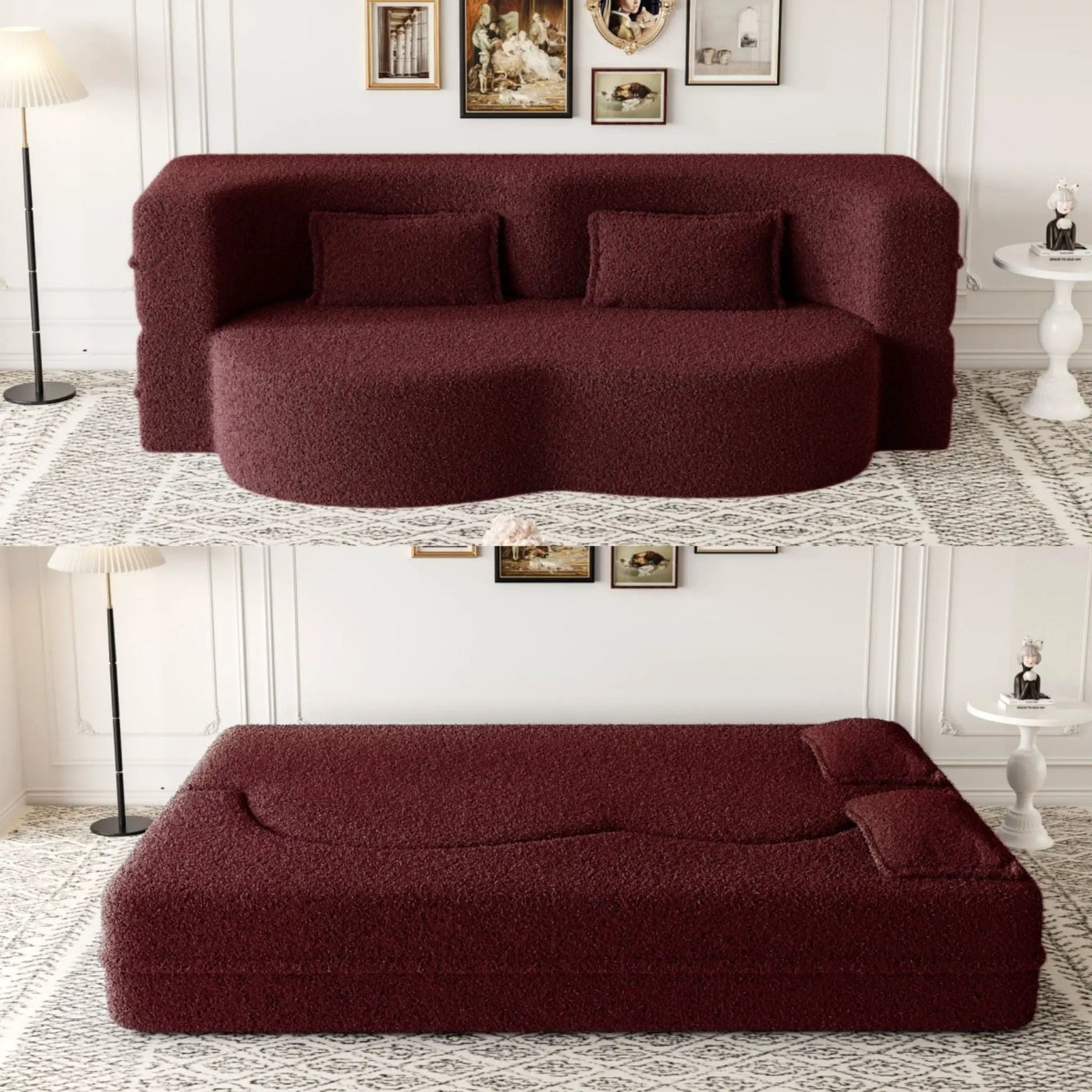 Modern Floor Sofa With Two Pillows Convertible Teddy Fabric Foam Filled Bed by HouseOfZazla