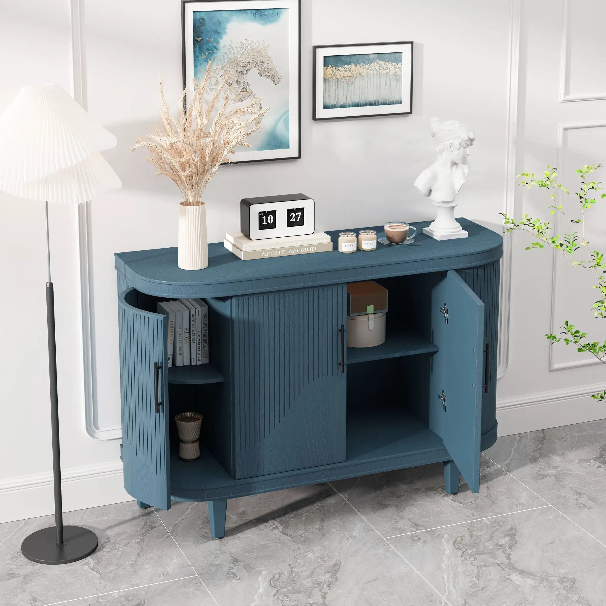 Curved Sideboard Wooden Console Table With 4 Doors And Adjustable Shelves For Living Room - Blue by HouseOfZazla