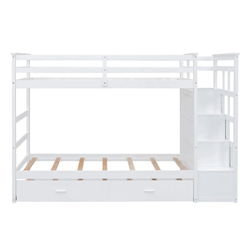 Twin Over Twin Bunk Bed With Trundle And Staircase - White by HouseOfZazla