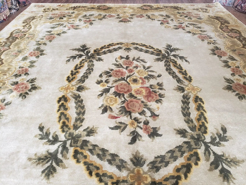 Aubusson Rug 10x14, Elegant French European Design, Vintage Handmade Carpet with Pile, Beige Floral Dining Room Rug, Living Room, Soft Wool by Jewel Rugs