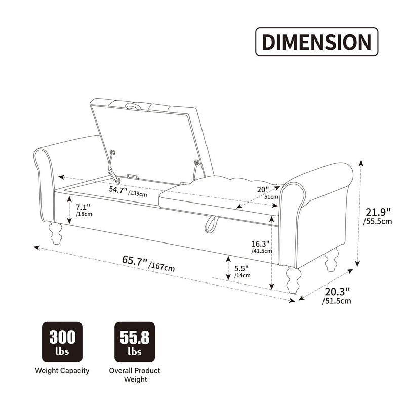 Napped Storage Bench With Rolled Armrest - Griege by HouseOfZazla