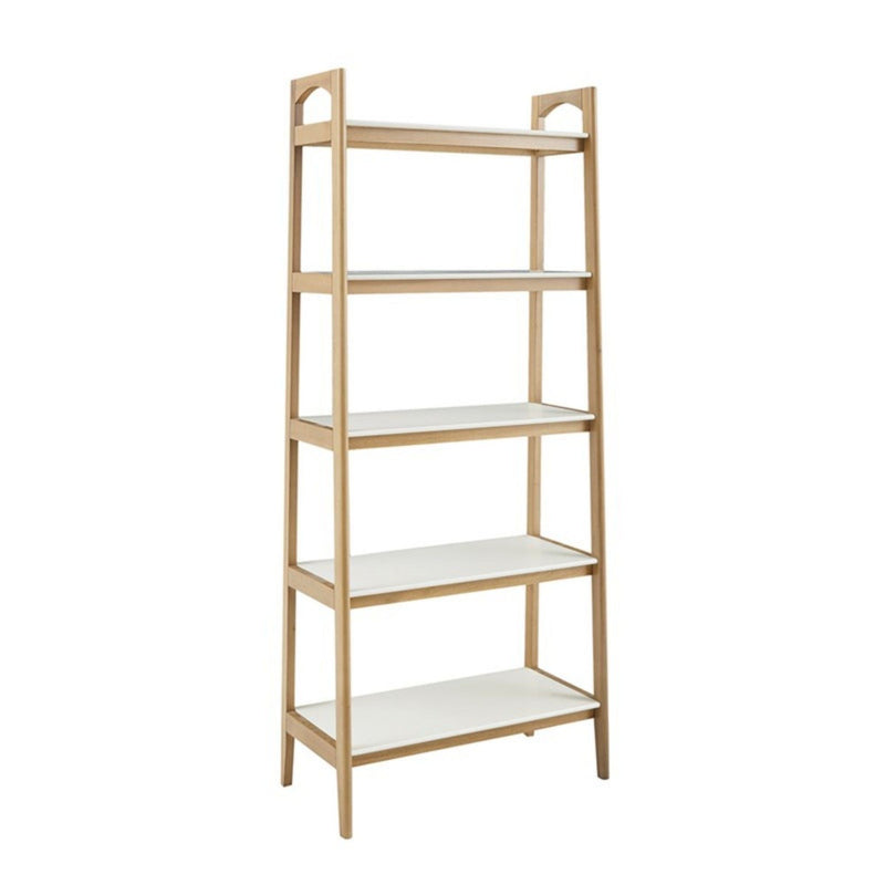 Off White & Natural Ladder Bookcase with 5 Shelves - Solid Wood Frame