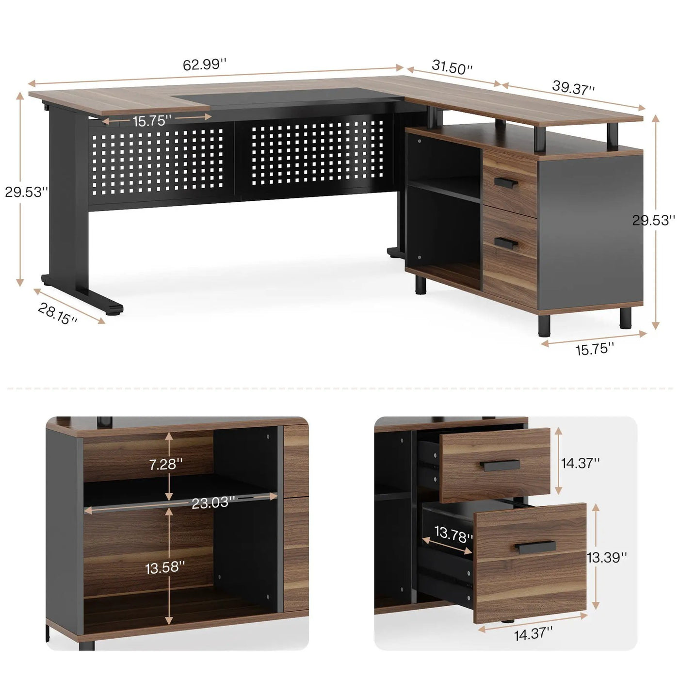 L-Shaped Executive Desk With File Cabinet, Office Workstation With Drawers, Shelves & Storage by HouseOfZazla