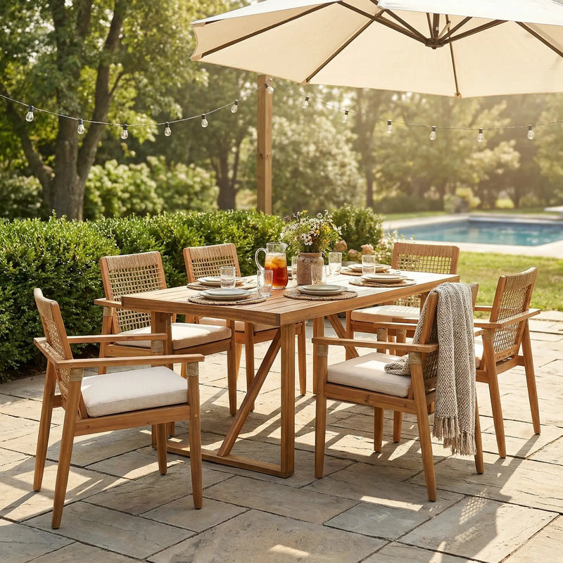 7 Pieces Acacia Wood Outdoor Dining Set with Cushions by HouseOfZazla