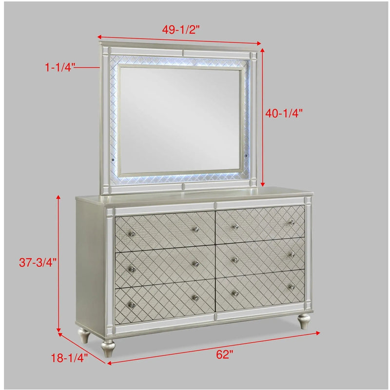 6 Drawer Bedroom Dresser With Diamond Patterned Drawer Fronts - Silver by HouseOfZazla