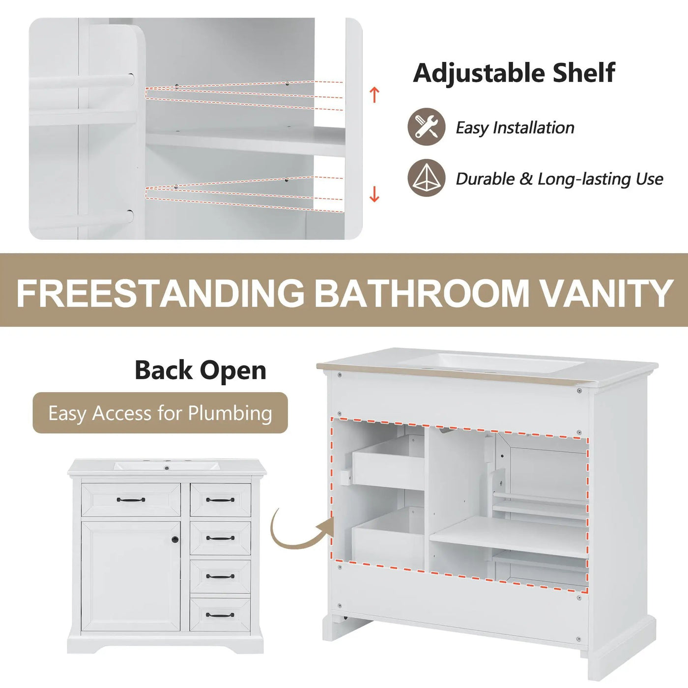 36" Bathroom Vanity With Sink, 2 Tip-Out Drawers, Soft Close Hinges by HouseOfZazla