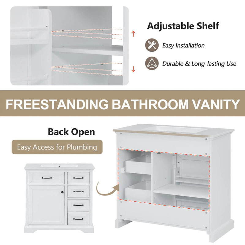 36" Bathroom Vanity With Sink, 2 Tip-Out Drawers, Soft Close Hinges by HouseOfZazla