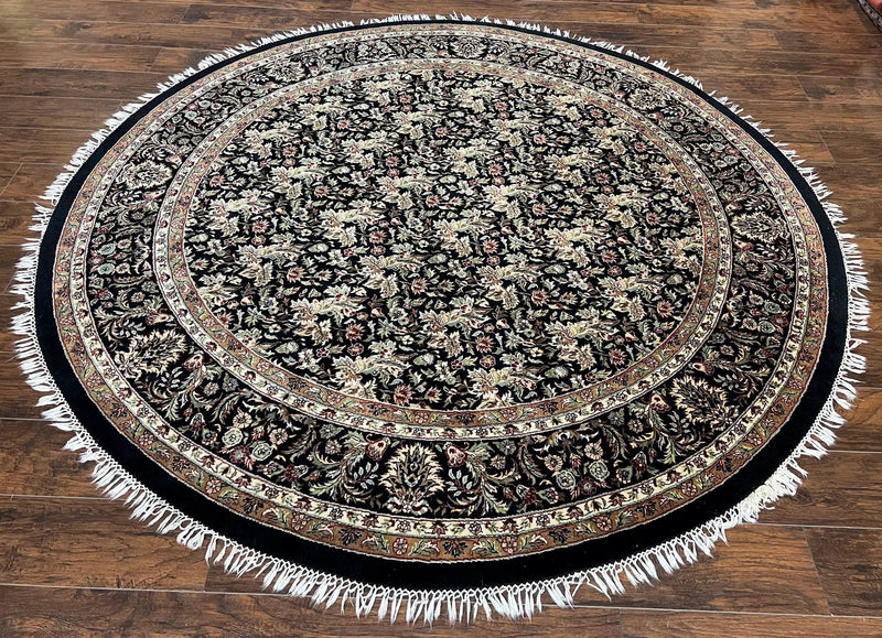 Round Oriental Rug 8x8 ft, William Morris Floral Pattern Carpet, 8 x 8 ft Round Rug, Black Cream and Tan 8ft Round Handmade Indo Persian Rug by Jewel Rugs