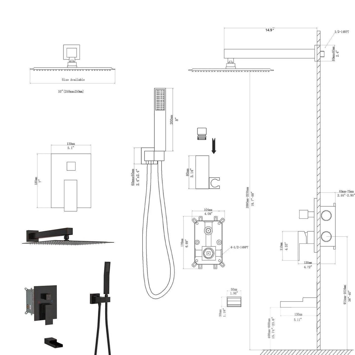 10" Wall Mounted Square Shower System With Rough In Valve by HouseOfZazla