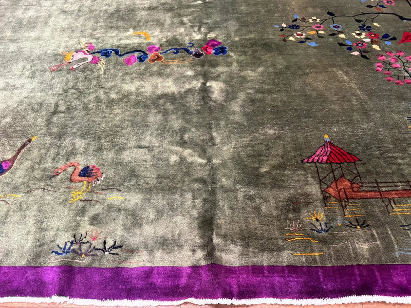Antique Chinese Nichols Rug 9x12 - Rare Green and Purple Art Deco Carpet by Jewel Rugs