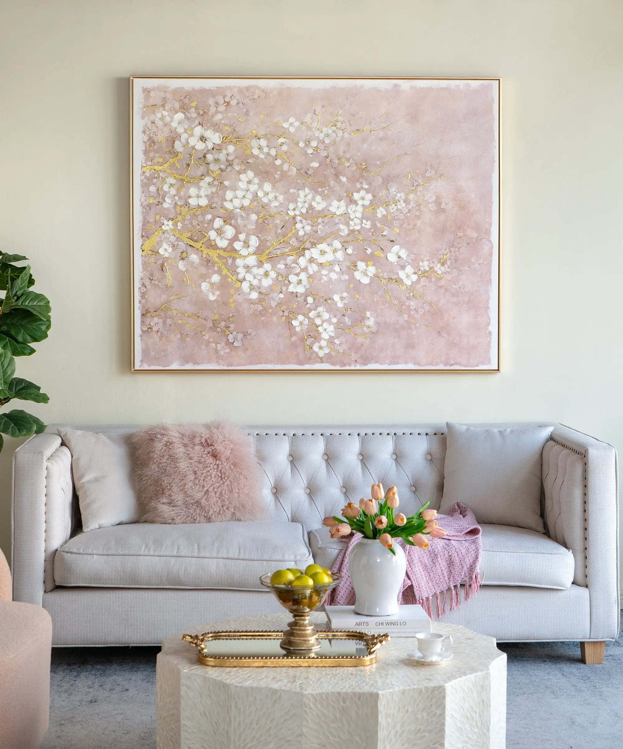 59.1x47.2 Hand-Painted Cherry Blossom Canvas Art with Blush Pink and White Finish by HouseOfZazla