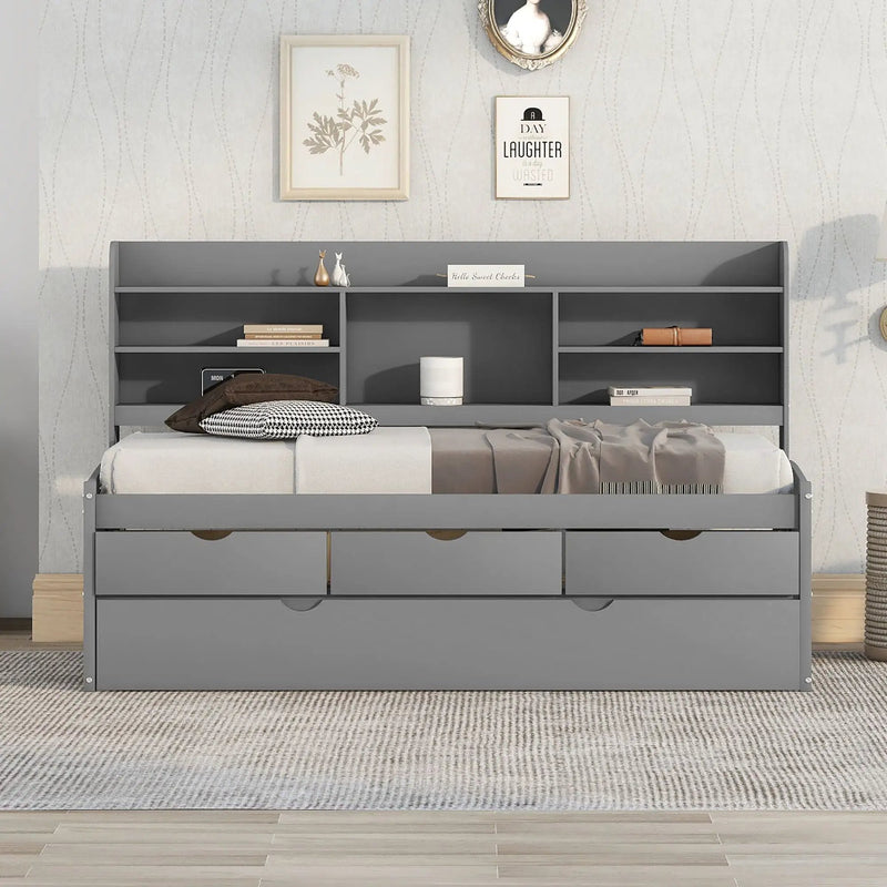 Captain Bed With Built In Bookshelves, 3 Storage Drawers, And Trundle by Unique Piece Furniture