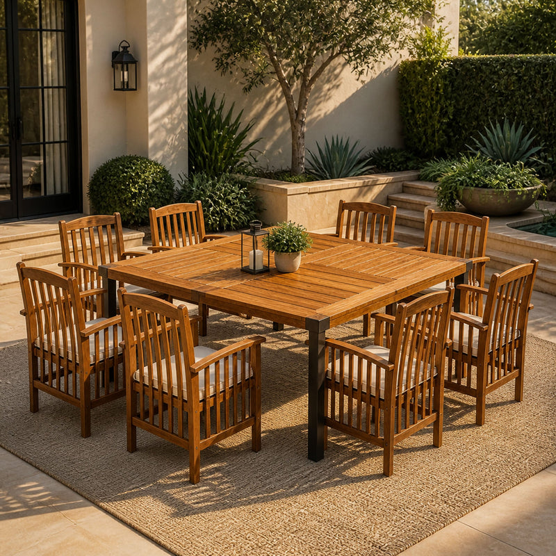 9‑Piece Acacia Wood Outdoor Patio Dining Set, 64" Square Teak Finish Wooden Table with 8 Pcs Acacia Wood Chairs, photo 2 of 10