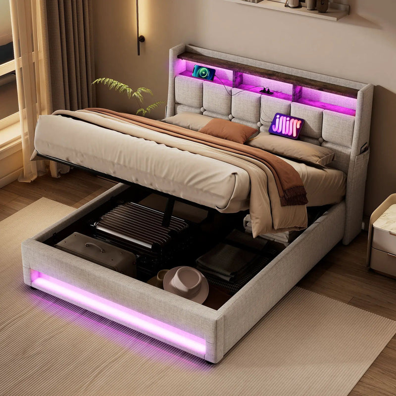 Upholstered Platform Bed With A Hydraulic Storage System, LED And USB Charging (Without Mattress) by HouseOfZazla