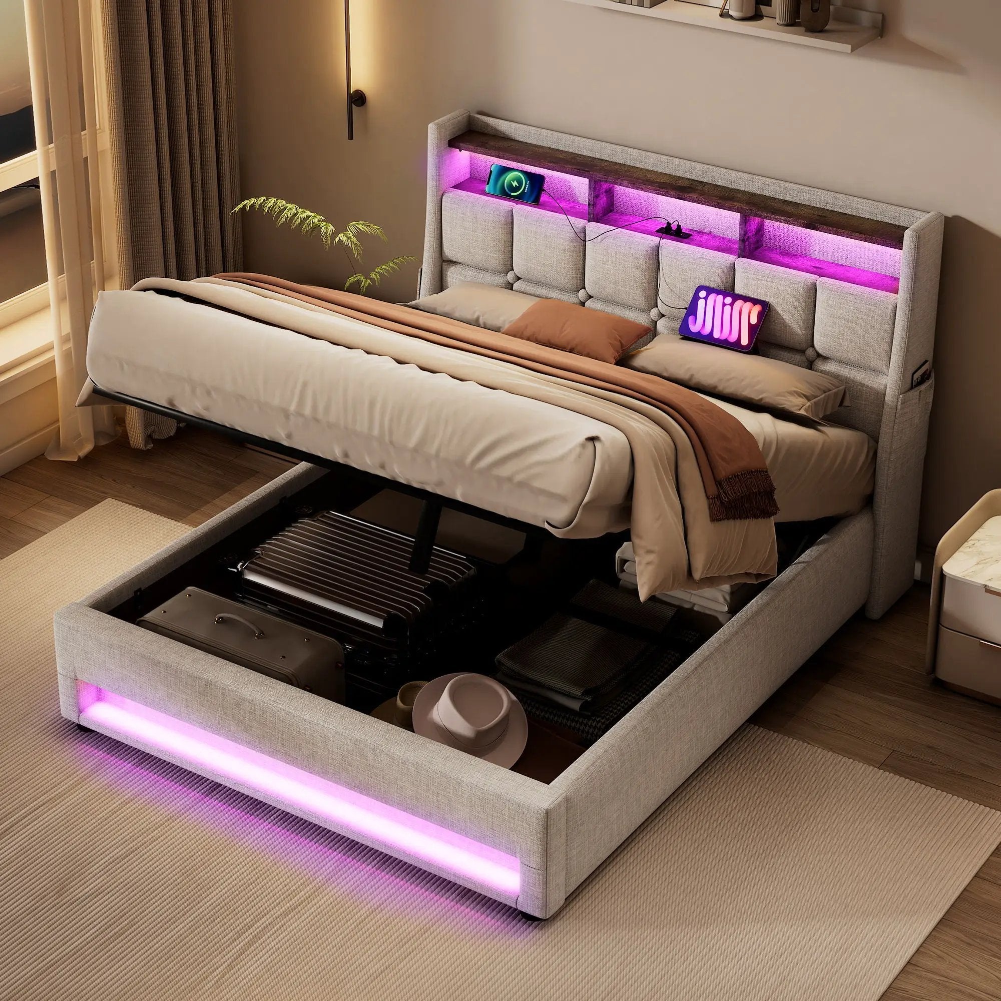 Platform Bed With Hydraulic Storage, LED Lighting & Charging Station by HouseOfZazla