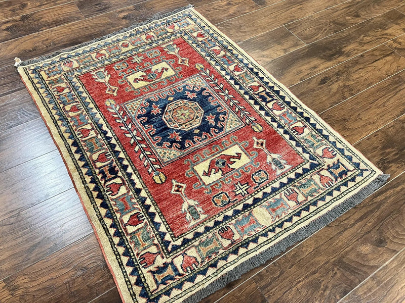 Turkish Kazak Rug 3x4, Wool Hand Knotted Small Vintage Carpet, Red Navy Blue, 3 x 4 Oriental Rug, Geometric Design by Jewel Rugs