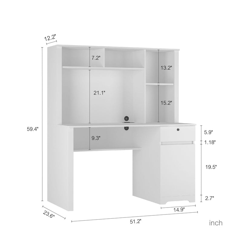 Computer Desk With Hutch & Bookshelf, Wood Executive Desk Teens Student Desk Writing Laptop Home Office Desk With Drawers, 3 Ac Outlets And 2 USB Charging Ports, Study Laptop Table For Home - White by Unique Piece Furniture
