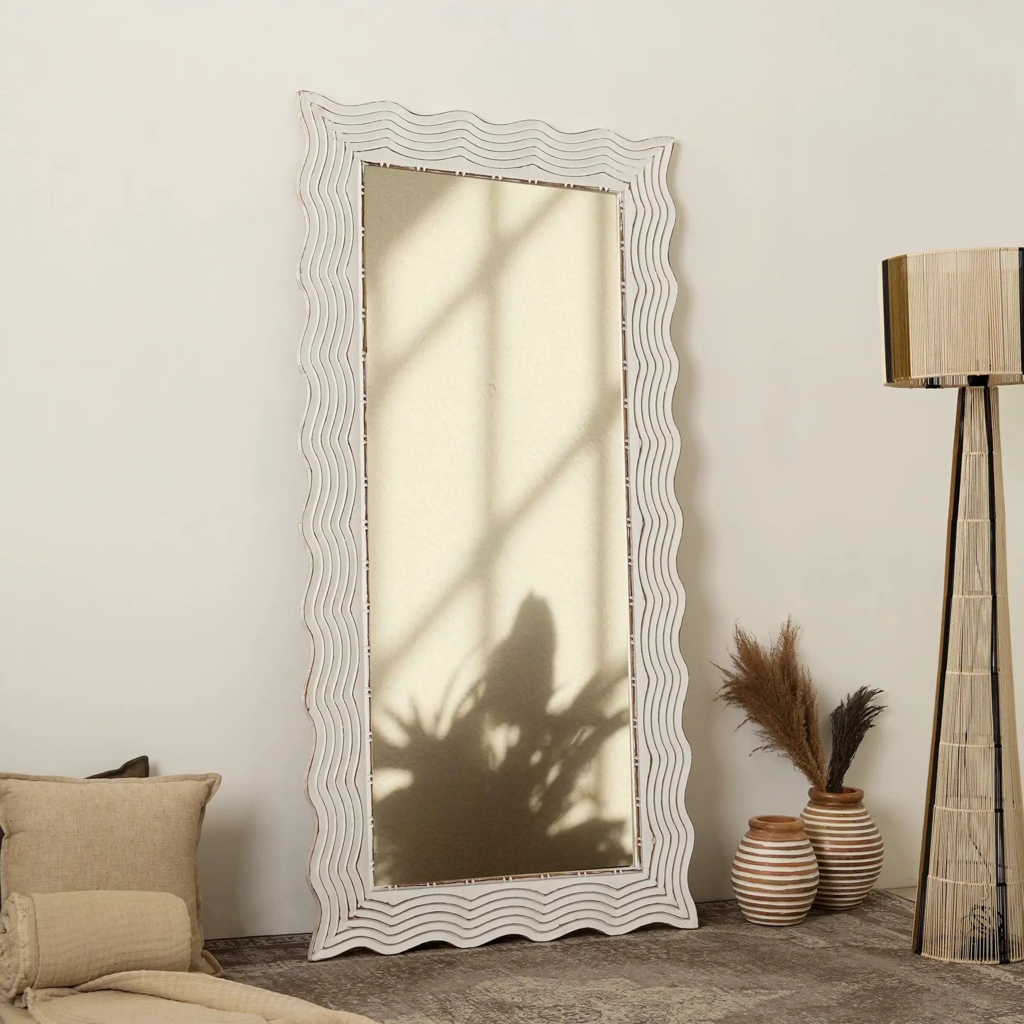Handcarved Wave Design Rectangle Mirror Accent Enhancing Space - Antique White by Unique Piece Furniture
