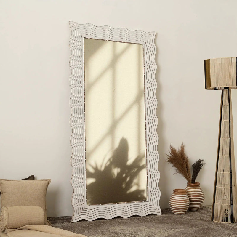 Handcarved Wave Design Rectangle Mirror Accent Enhancing Space - Antique White by Unique Piece Furniture