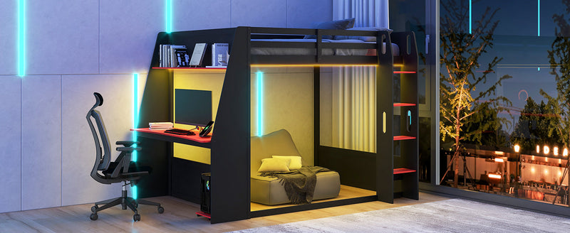 Full Size Wooden Gaming Bunk Bed with Desk, Two Storage Shelves, USB and LED Light by HouseOfZazla