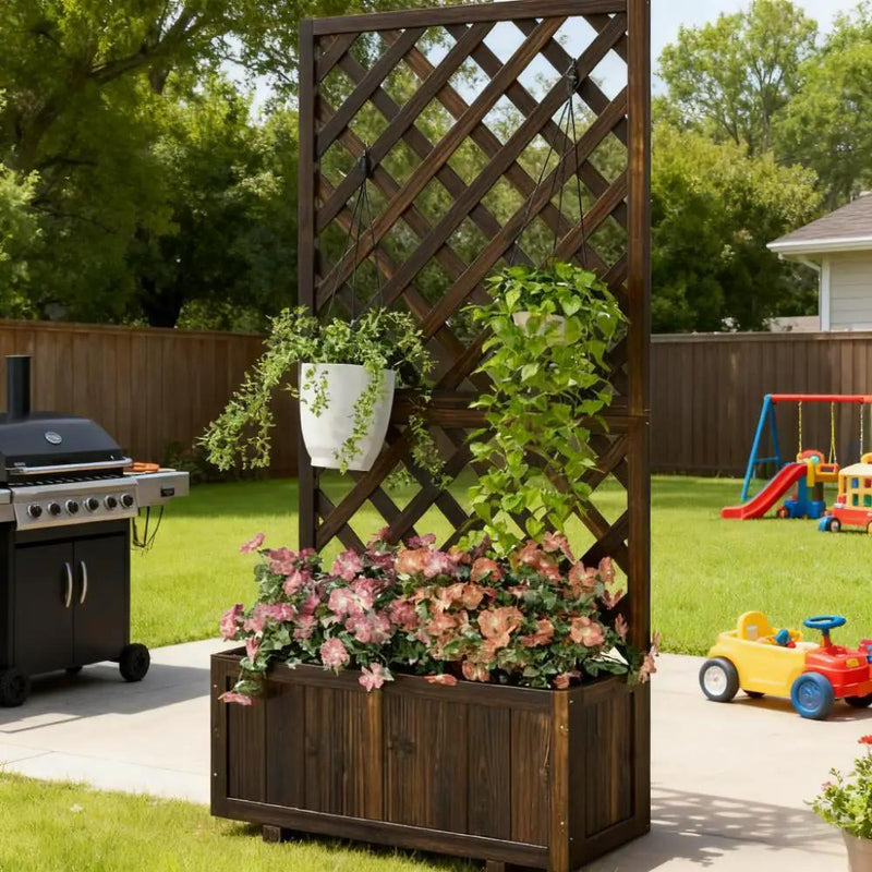 Garden Bed, Wooden Raised Garden Bed Planting Planter Box with Trellis and Drain Holes by HouseOfZazla
