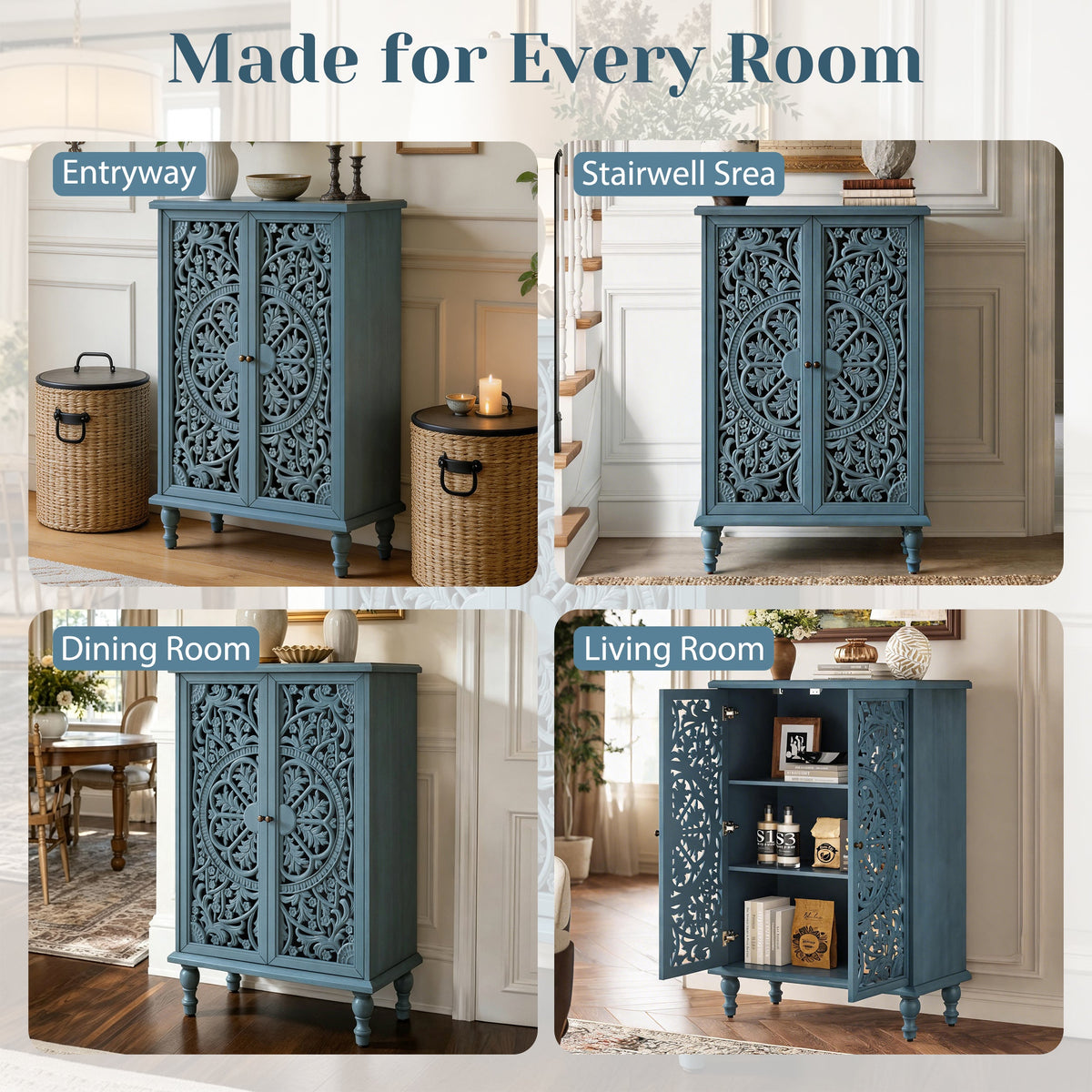 Farmhouse Accent Storage Cabinet, 2 Door Decorative Cabinet with Hollow Carved Doors, Adjustable Shelf, Freestanding Display Cabinet with Turned Legs for Entryway Living Room Dining Room,Antique, photo 7 of 10
