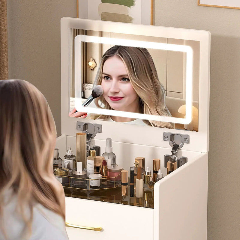 Compact 3 In 1 Vanity Desk With Open Top Mirror, Glass Desktop, 5 Height - White by HouseOfZazla