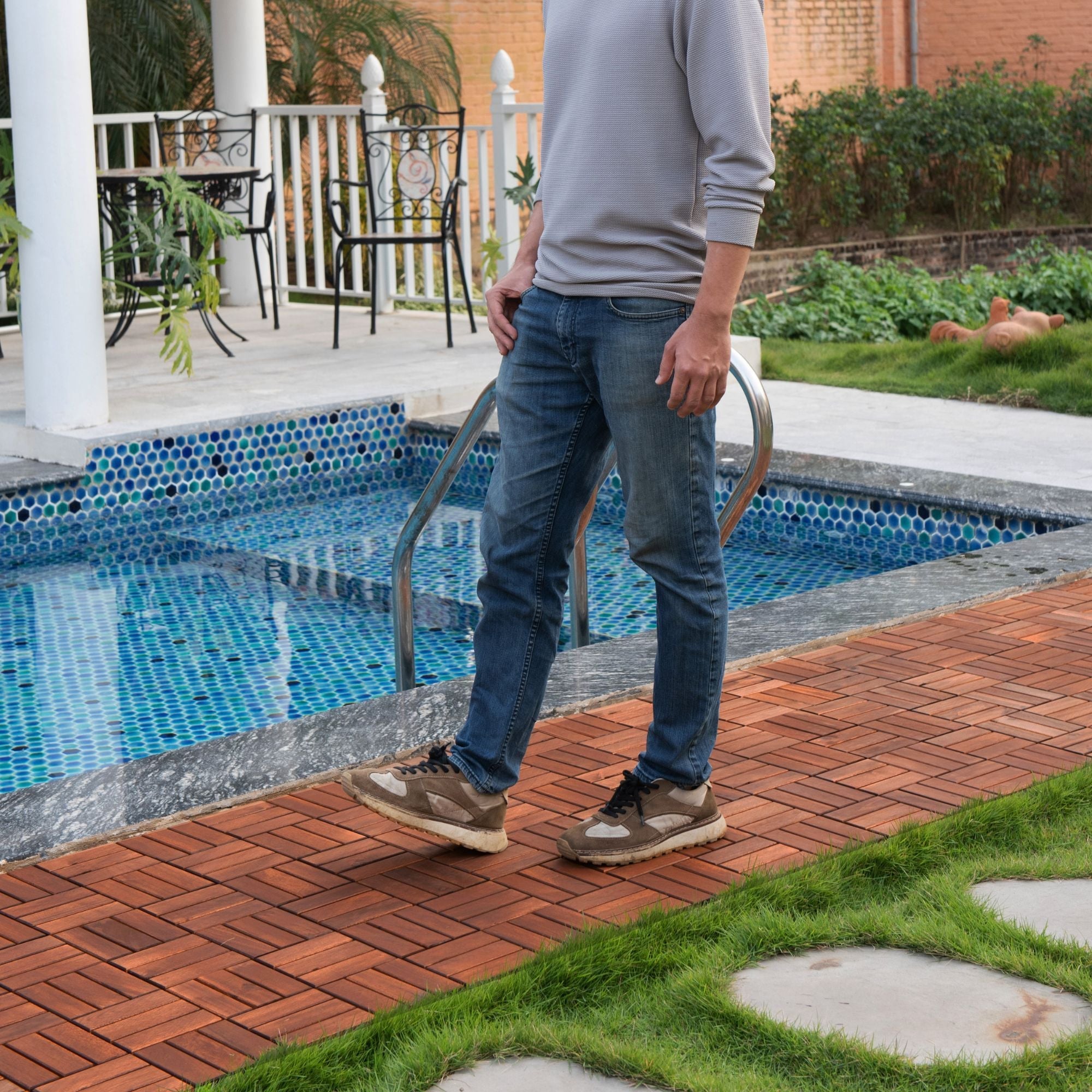 Interlocking Deck Tiles Checker Pattern, Square Acacia Hardwood Outdoor Flooring For Patio, Bancony, Pool Side by HouseOfZazla