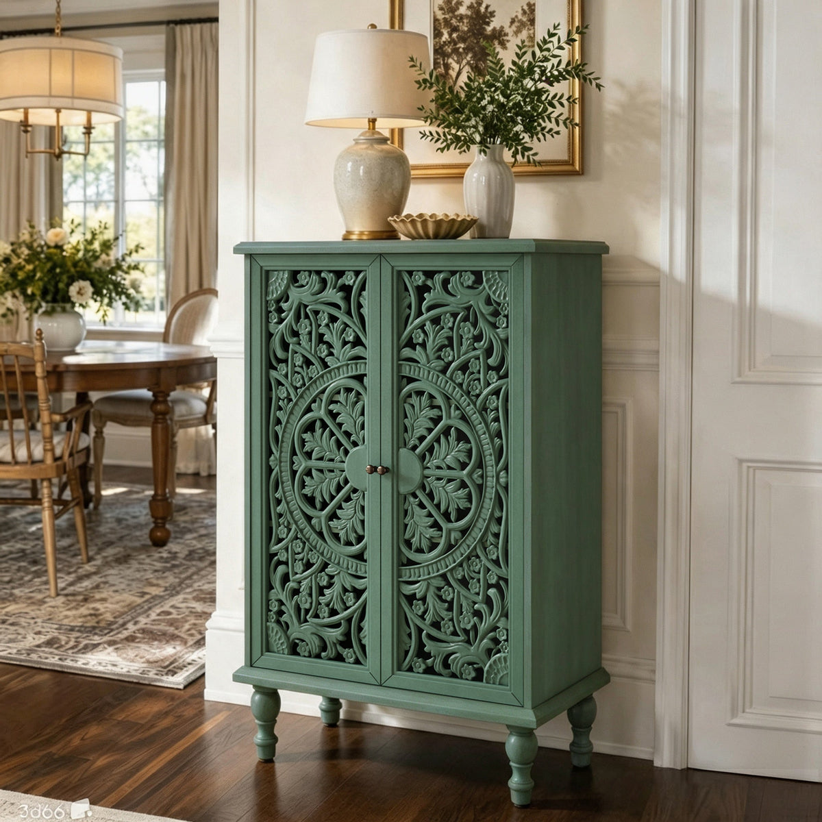Tall Accent Cabinet with Doors & Storage, Farmhouse Hollow Carved Double Door Display Cabinet with Adjustable Shelf & Turned Legs, Freestanding Decorative Cabinet for Entryway Living Room